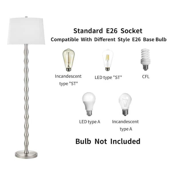 KAWOTI 61 in. Brushed Nickel Floor Lamp with White Fabric Shade