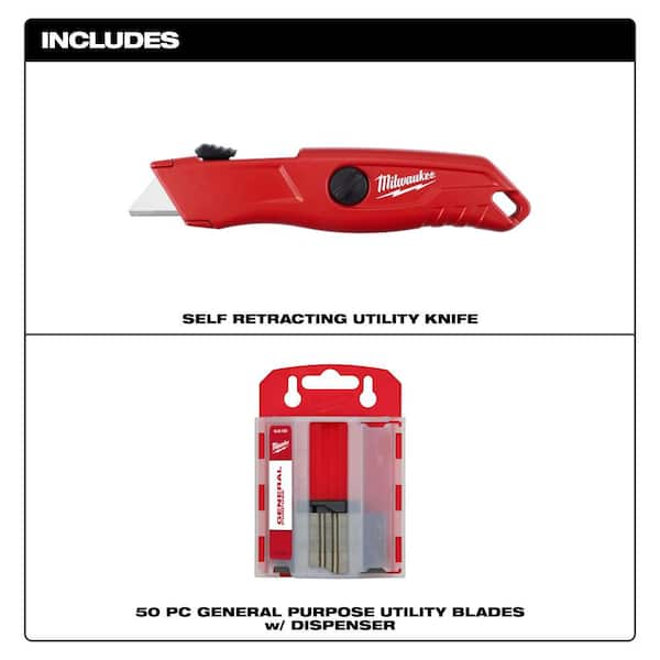 50PC General Purpose Utility Blades w/ Dispenser and Self Retracting Utility Knife