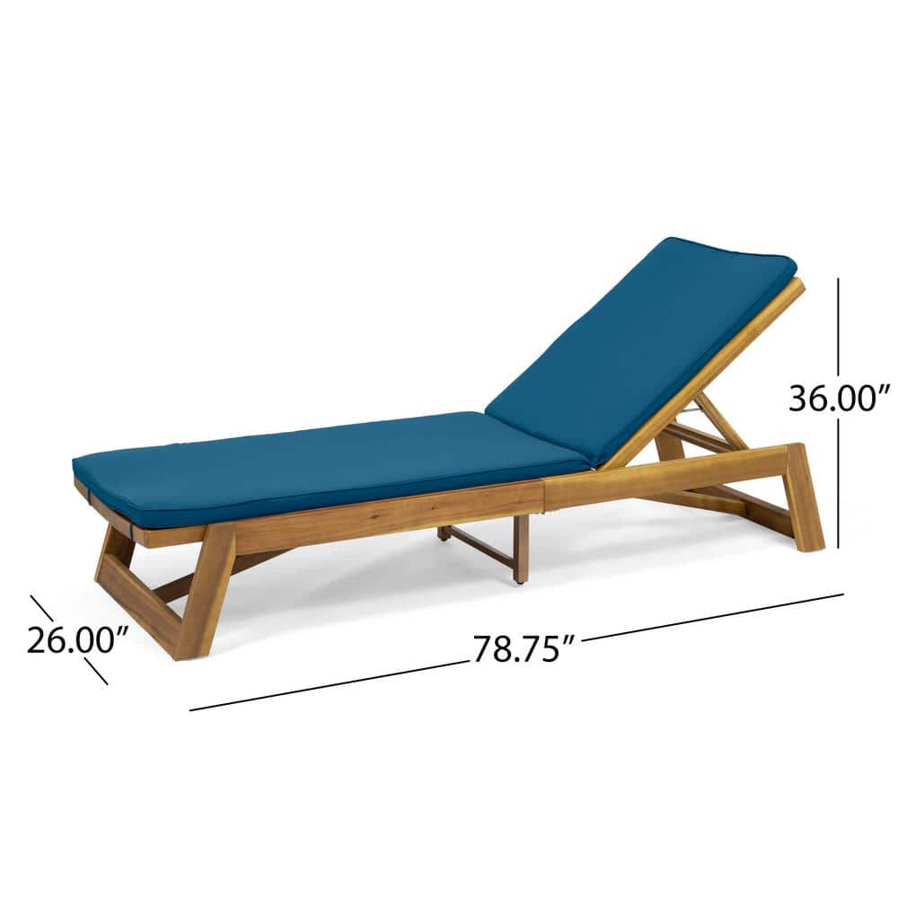 Teak Brown Wood Chaise Lounge with Blue Cushions