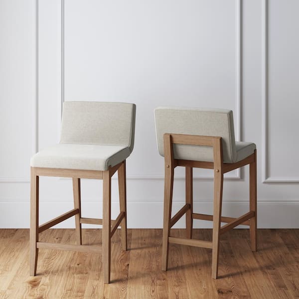 Gracie 24 in. Modern Counter Height Bar Stool with Back, Brushed Light Brown Wood Legs, Natural Flax/Brown, Set of 2