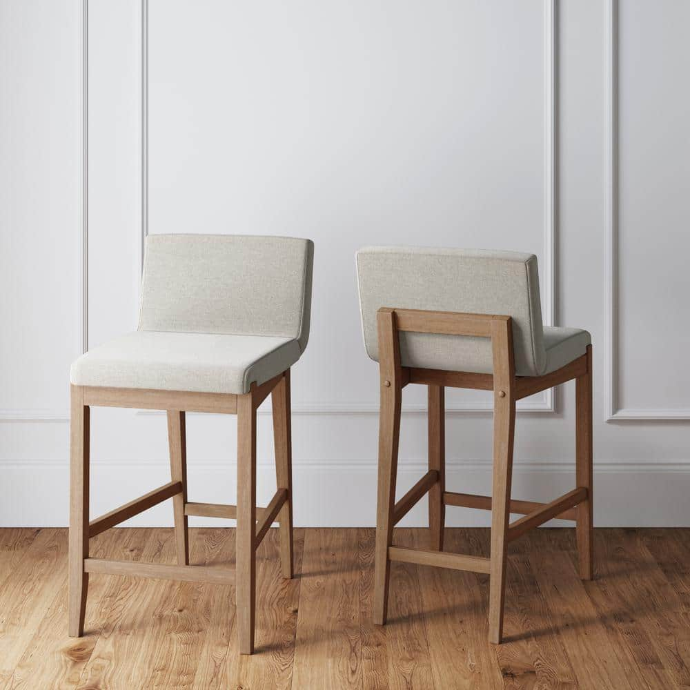 Gracie 24 in. Modern Counter Height Bar Stool with Back, Brushed Light Brown Wood Legs, Natural Flax/Brown, Set of 2