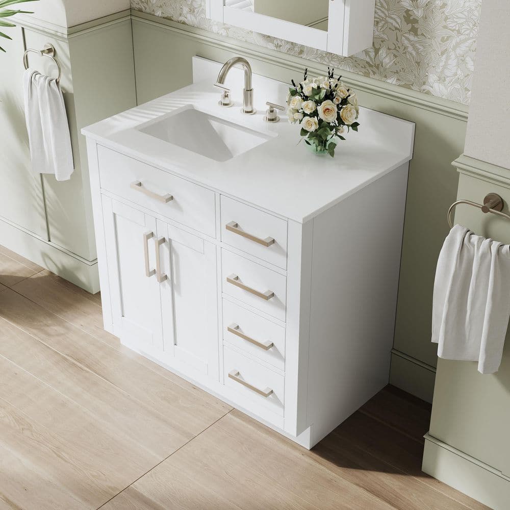NORA 36 in. Freestanding White Solid Wood Bath Vanity with Pure White Cultured Marble Top, Soft-Close, Assembled price history on PriceWatchPro