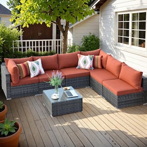 Gemini 7-Piece Wicker Outdoor Sectional Set with Orange Red Cushions