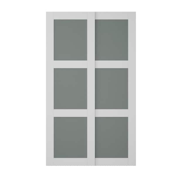 ARK DESIGN 96 in. W. x 80 in. 3-Lite White Tempered Frosted Glass Closet Sliding Door with Hardware