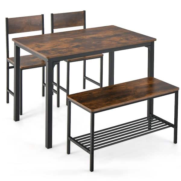 Costway 4-Piece Dining Table Set Rustic Desk 2 Chairs and Bench with Storage Rack Brown