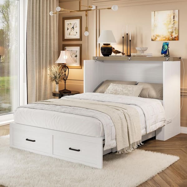 Ivandor White Wood Frame Full Size Murphy Bed Chest Cabinet with Large Drawer, USB Charging Station