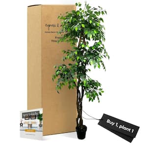 Handmade 6 .5 ft. Artificial 3-Tier Ficus Giant in Home Basics Plastic Pot Made with Real Wood and Moss Accents
