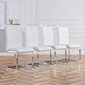 Modern White PU Leather High Back Upholstered Side Chair, Dining Chair with C-shaped Tube Black Metal Legs (Set of 4)