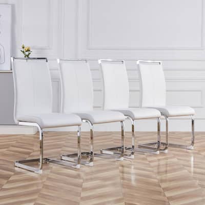 Modern White PU Leather High Back Upholstered Side Chair, Dining Chair with C-shaped Tube Silver Metal Legs (Set of 4)