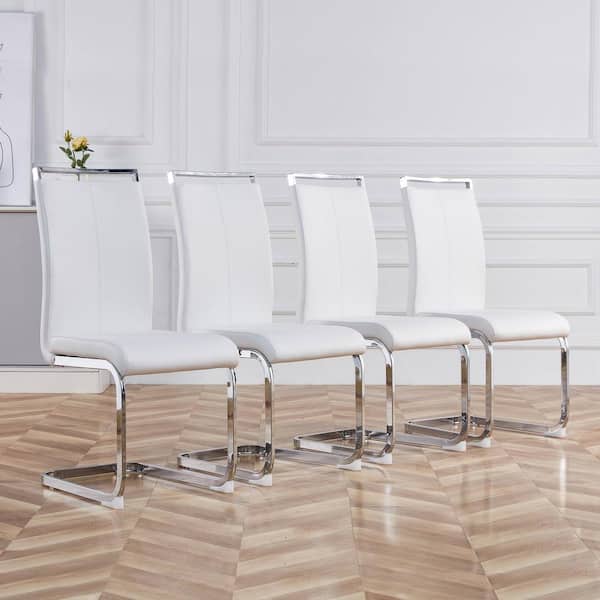 Polibi Modern White PU Leather High Back Upholstered Side Chair, Dining Chair with C-shaped Tube Silver Metal Legs (Set of 4)