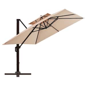10 ft. Double Top Aluminum Patio Offset Umbrella Square Cantilever Umbrella, Recycled Fabric and 360°Rotation in Beige