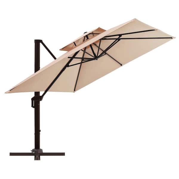 PASAMIC 10 ft. Double Top Aluminum Patio Offset Umbrella Square Cantilever Umbrella, Recycled Fabric and 360°Rotation in Beige