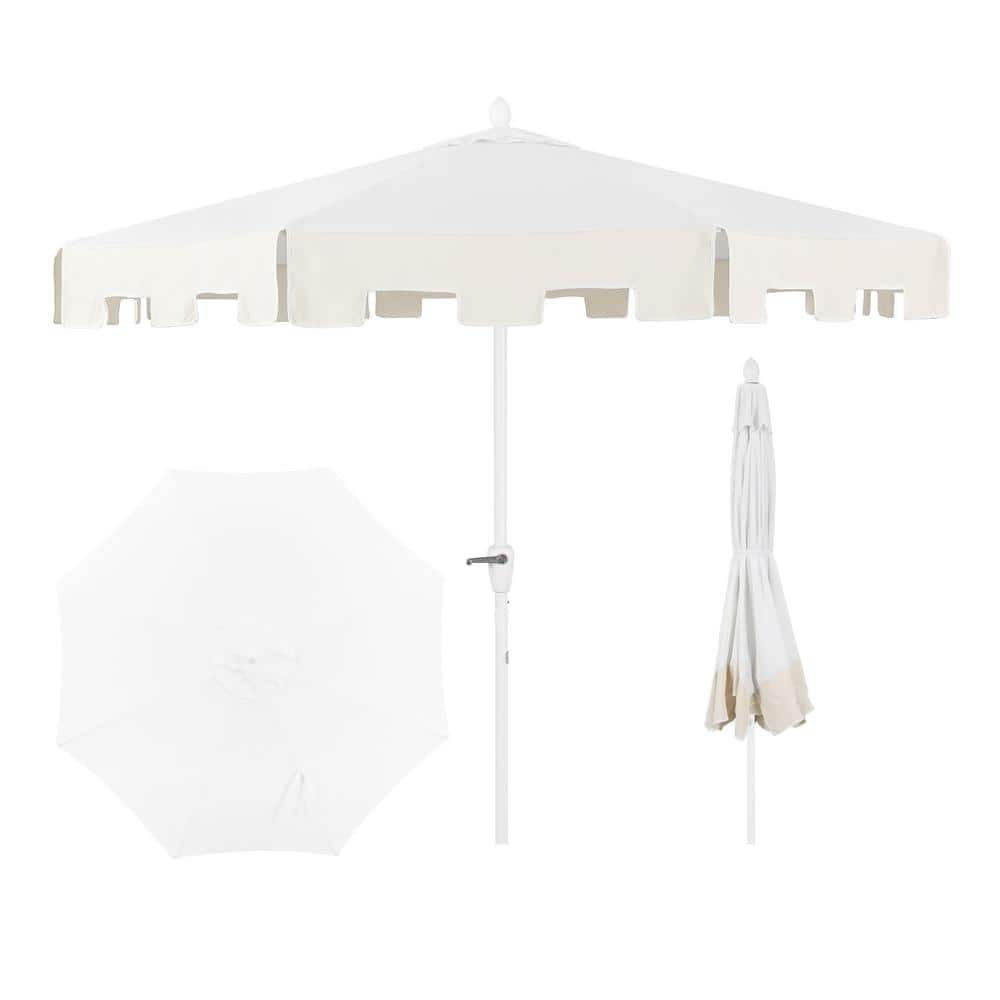 JONATHAN Y Baiona 9 ft. Classic MidCentury Market Patio Umbrella with UV Protection, Auto-Tilt, Crank and Wind Vent in White/Cream