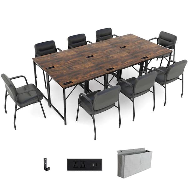Costway 6-Pieces 32 in. Rectangular Brown Wood Desk with Charging Station Storage Bag and Headphone Hook