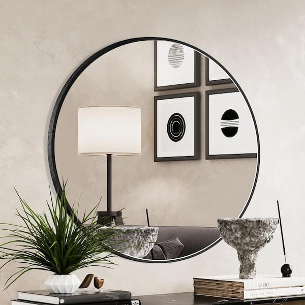 24.1 in. W x 24.1 in. H Black Round Aluminum Alloy Frame Bathroom Mirror Vanity Wall Mirror