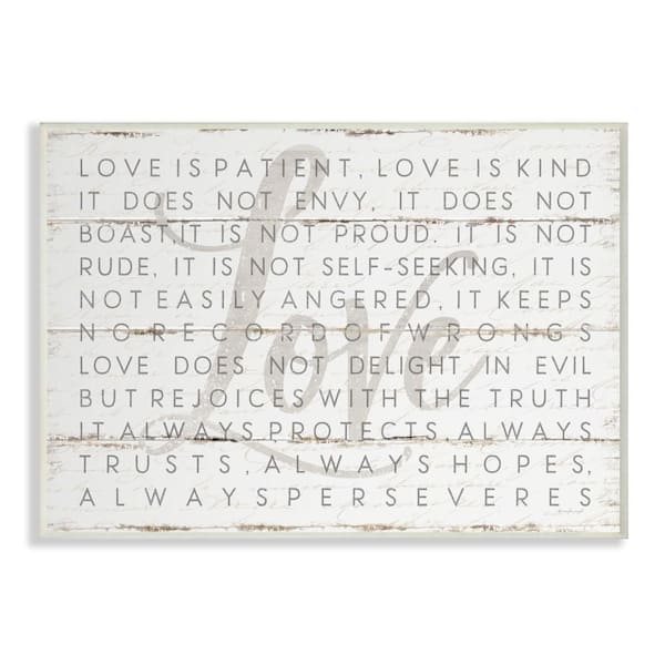 Stupell Industries 13 in. x 19 in. "Love Is Patient Grey on White Planked Look" by Jennifer Pugh Wood Wall Art