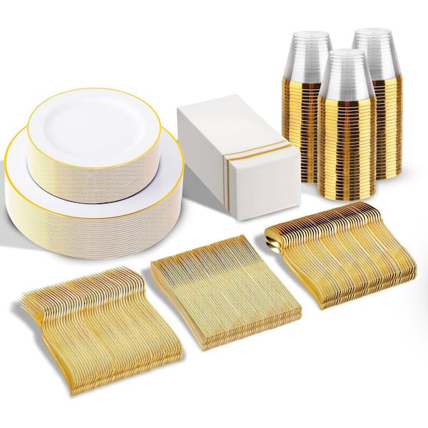 White and Gold Disposable Dinnerware Set - 350-Pieces for 50-Guests