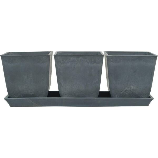 Pride Garden Products 13 in. L x 4.5 in. W x 4.5 in. H Erbe Light Gray Terrain Plastic Pot Set with Tray