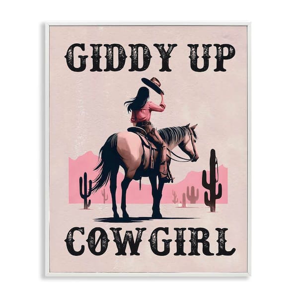 Stupell Industries Giddy Up Brunette Cowgirl by Lettered and Lined White Framed People Giclee Art Print 30 in. x 24 in.