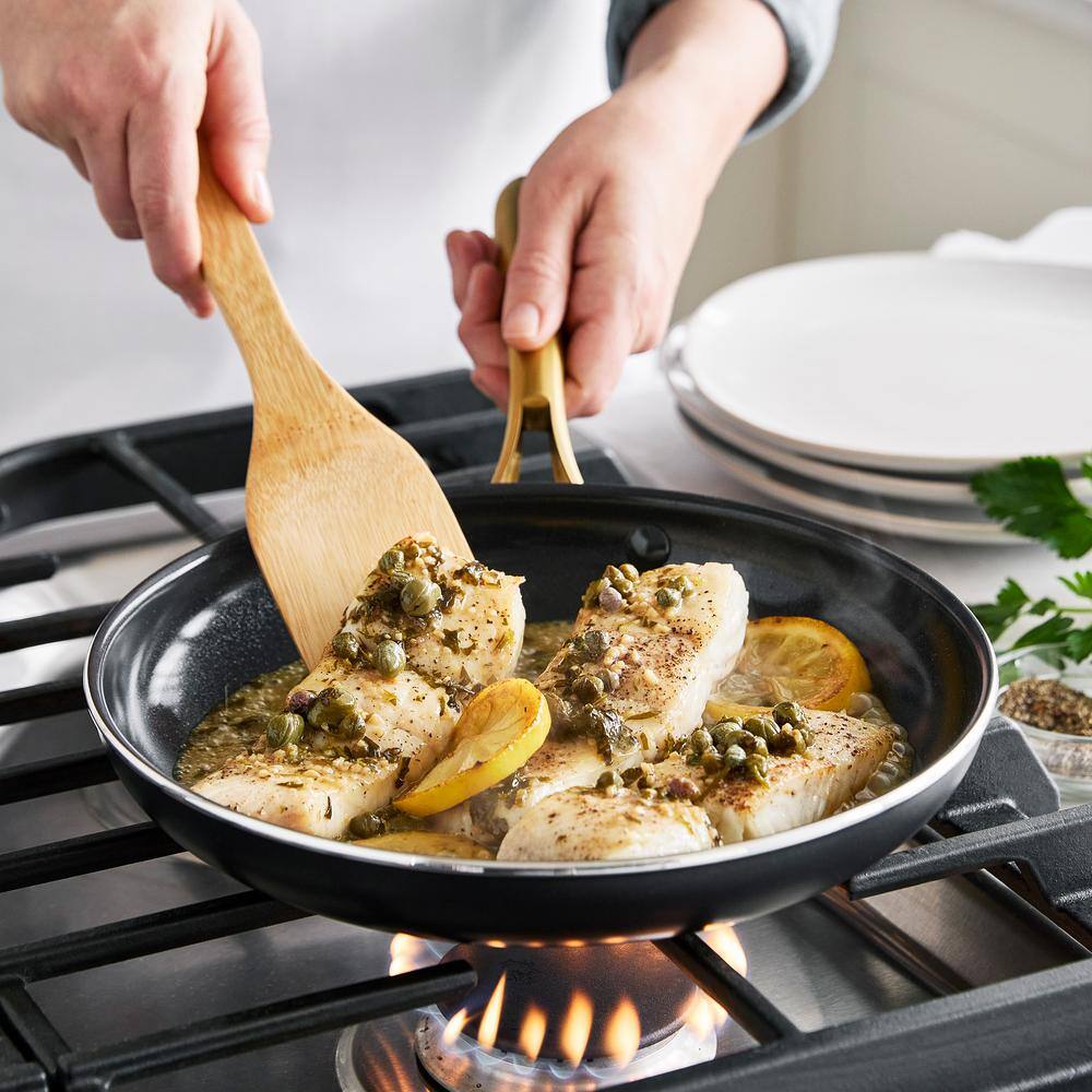 12" Black Aluminum Nonstick Frypan with Gold Handle and Lid