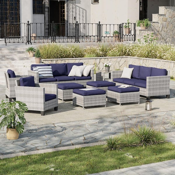 9-Piece Patio Sofa Set Gray Wicker Outdoor Furniture Set with Side Table, Navy Blue