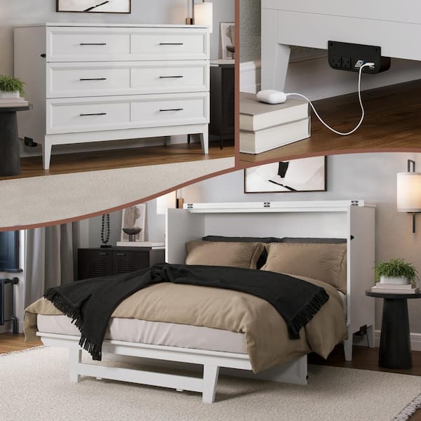 AFI Santa Fe White Solid Wood Frame Full Murphy Bed Chest with Mattress and Built-in Charger