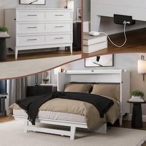Santa Fe White Solid Wood Frame Full Murphy Bed Chest with Mattress and Built-in Charger