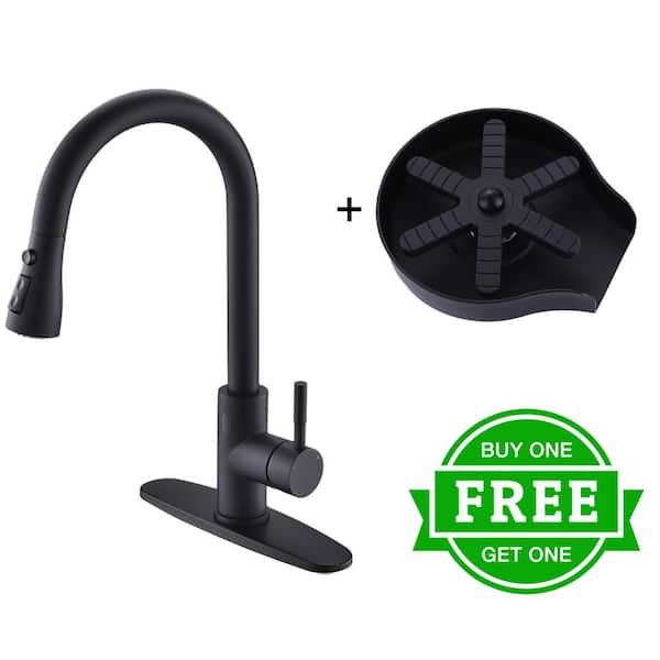 BWE Single Handle Pull Down Sprayer Kitchen Faucet Bundle Glass Rinser in Matte Black