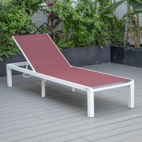 Leisuremod Marlin Outdoor Patio Chaise Lounge Chair in White Aluminum Reclining Backrest Mesh Sling Fabric Seat in Burgundy