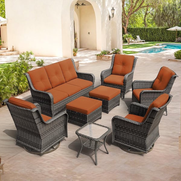 null 8-Piece Patio Conversation Sofa Set Furniture Sectional Seating Set with Orange Cushion and Glass Desktop