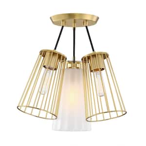 Liana 19 in. 4-Light Brushed Gold Glam Semi Flush Mount with Etched Glass and Wire Cage Shades for Bedrooms