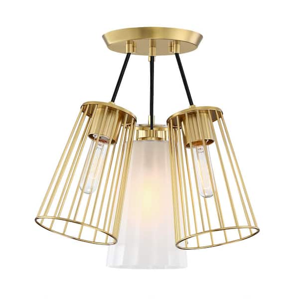 Designers Fountain Liana 19 in. 4-Light Brushed Gold Glam Semi Flush Mount with Etched Glass and Wire Cage Shades for Bedrooms