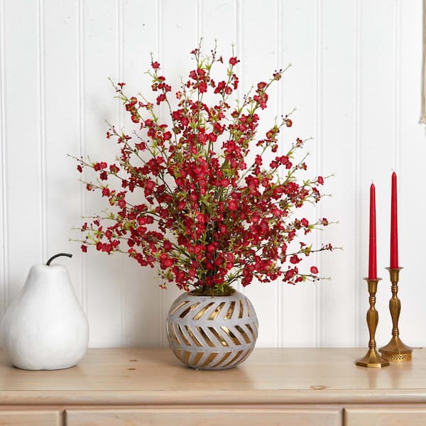 Nearly Natural 30 in. Cherry Blossom Artificial Arrangement in Stoneware Vase with Gold Trimming