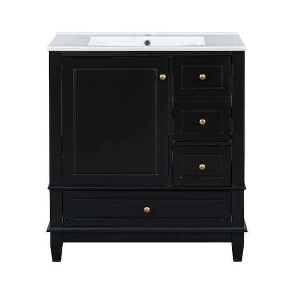 30 in. Single Sink Freestanding Black Bath Vanity with White Ceramic Top, Metal Hinges and Slide Rails