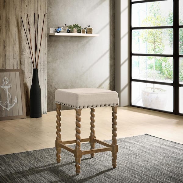 Remick 24 in. Natural Oak Barley Twist Upholstered Stool
