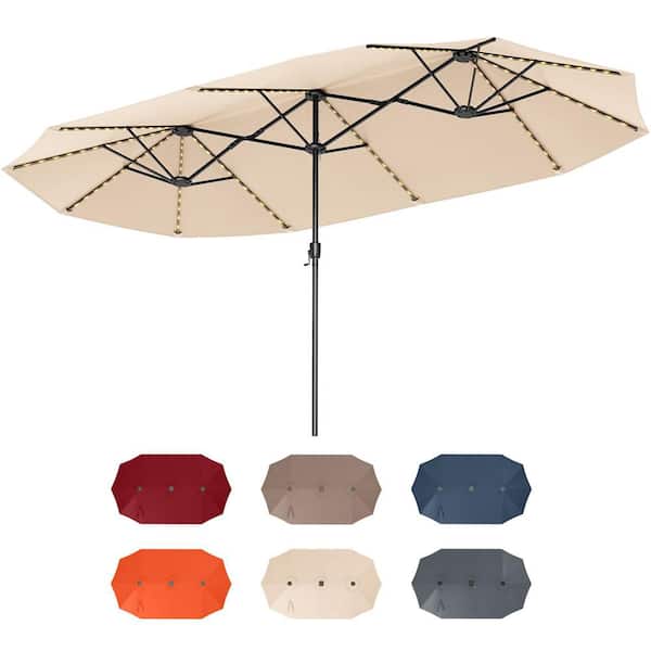 Costway 15.5 ft. Metal Market Solar Extra-Large Patio Umbrella with LED Solar Lights & 12 Heavy-Duty Ribs in Beige