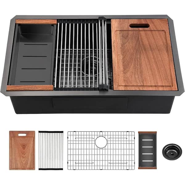 32 in. Undermount Single Bowl 16 Gauge Gunmetal Black Stainless Steel Kitchen Sink with Bottom Grids and Cutting Board