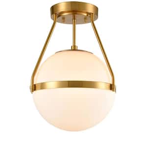 11.1 in. 1-Light Gold Modern Semi-Flush Mount with Frosted Glass Shade and No Bulbs Included 1-Pack