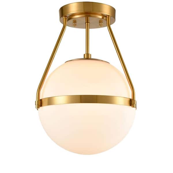 CLAXY 11.1 in. 1-Light Gold Modern Semi-Flush Mount with Frosted Glass Shade and No Bulbs Included 1-Pack