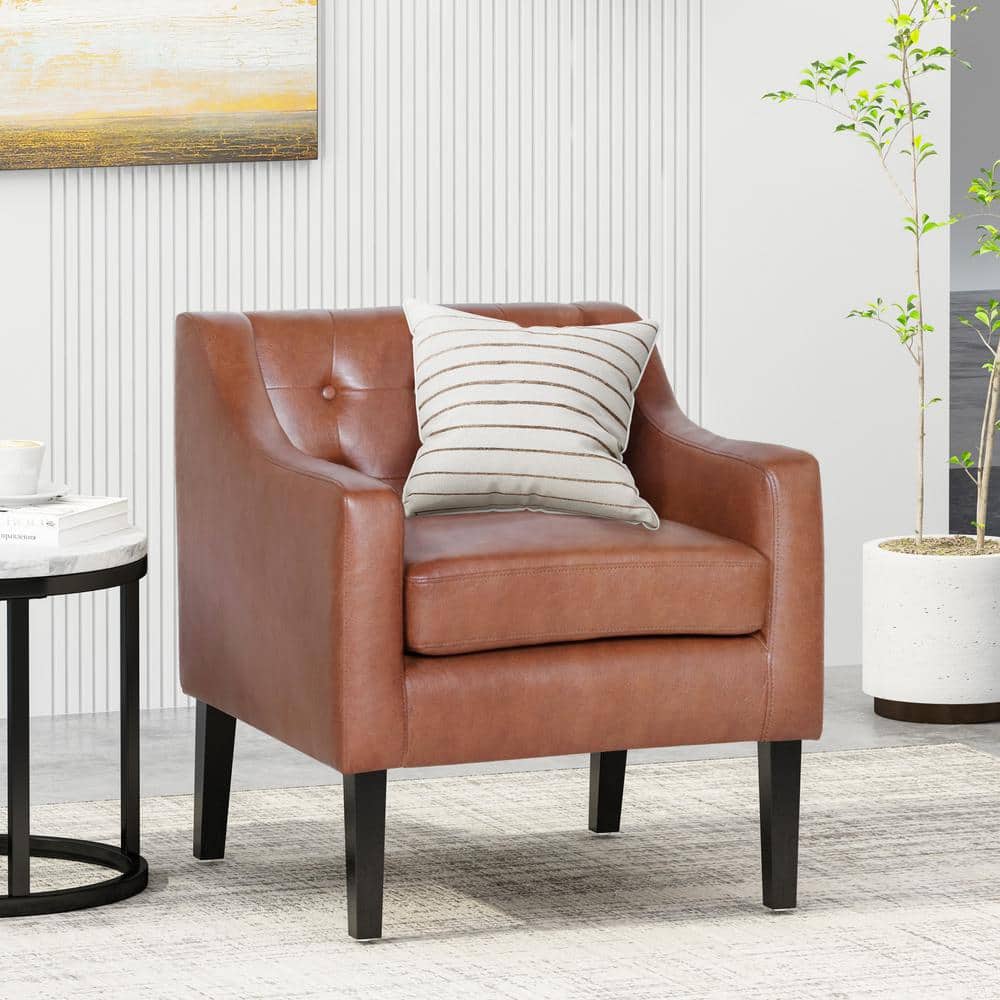 Espresso and Cognac Brown Faux Leather Accent Chair with Tufted Detail