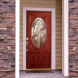 37.5 in. x 81.625 in. Silverdale Brass 3/4 Oval Lite Stained Cherry Mahogany Left-Hand Fiberglass Prehung Front Door
