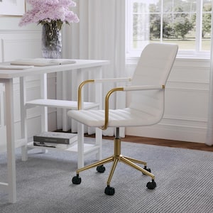Taytum Faux Leather Adjustable Height with Wheels Office Chair in White Faux Leather/Polished Brass with Arms