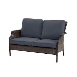 Grayson Brown Wicker Outdoor Patio Loveseat with CushionGuard Sky Blue Cushions