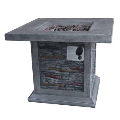 Gray Square Stone Gas Fire Pit Table with Lava Rocks and Control Panel