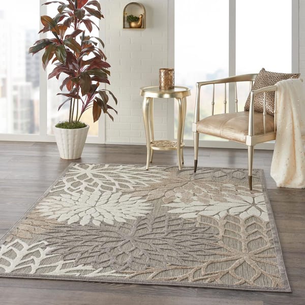 Aloha Natural 5 ft. x 8 ft. Floral Modern Indoor/Outdoor Patio Area Rug