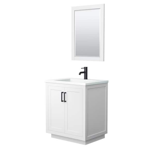 Wyndham Collection Miranda 30 in. W x 22 in. D x 34.25 in. H Single Sink Bath Vanity in White with Matte White Solid Surface Top and Mirror