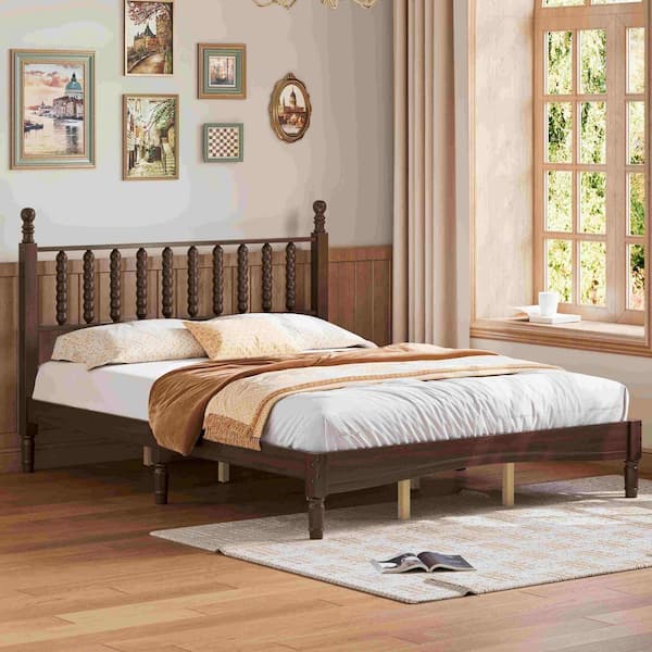 Walnut Wood Frame Queen Size Platform Bed with Gourd Shaped Headboard, Wooden Slat Support
