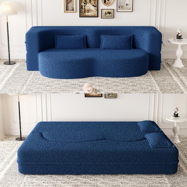 78 in. Square Arm Fabric Curved 3 in 1 Sofa w/ Pillow Foam-Filled Sleeper Sofa Bed ,15 in. Full Folding Mattress in Blue