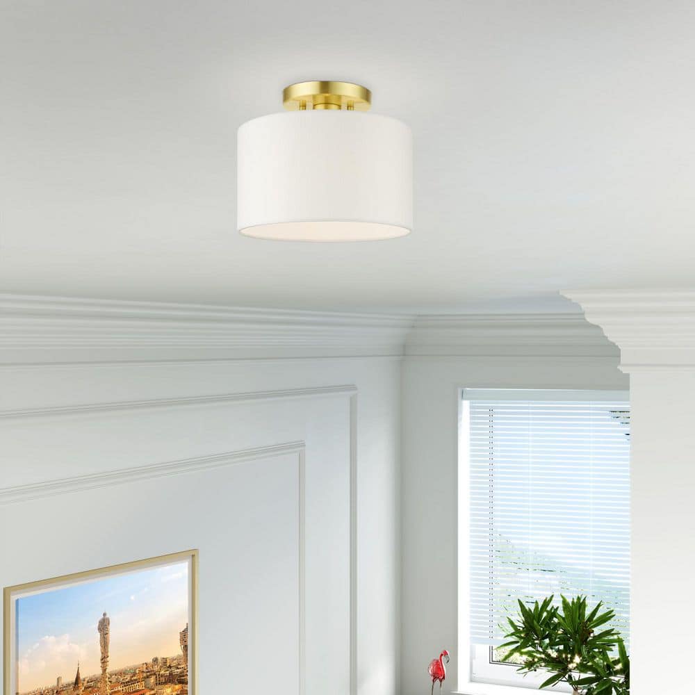 Satin Brass Glass Drum Indoor/Outdoor Semi-Flush Mount Light