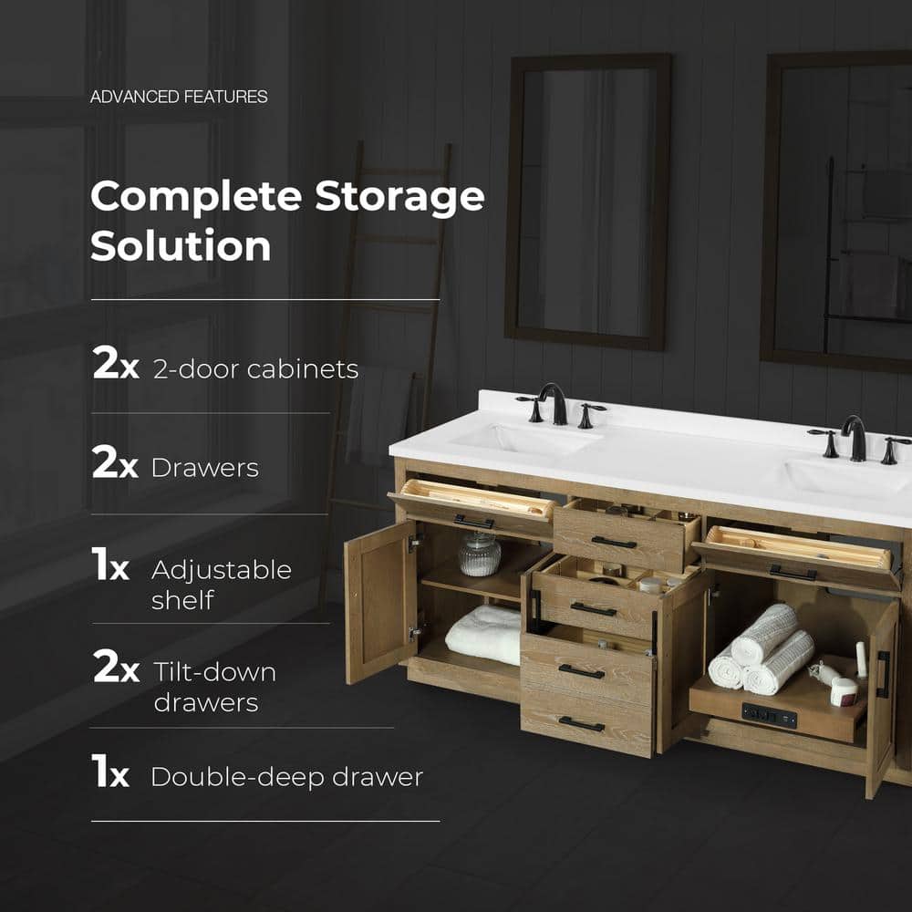 Driftwood Oak 72" Freestanding Double Sink Vanity with Power Bar